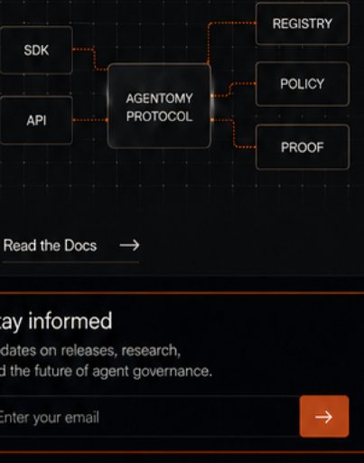 SDK and API connect through Agentomy Protocol to Registry, Policy, and Proof